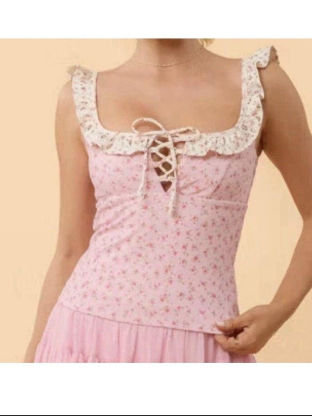 Blogilates Ruffle Lace Up Tank - Pink Floral Print Size 1X